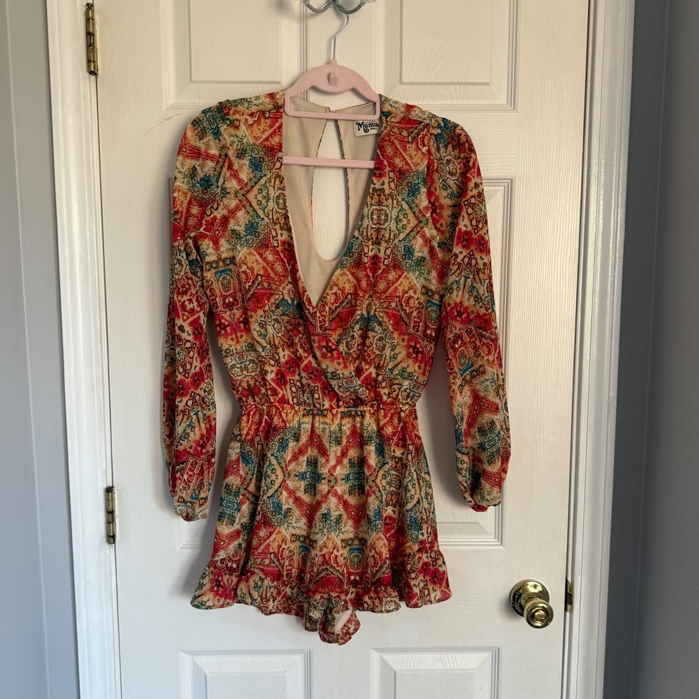 Show Me Your Mumu Boho Paisley Print Ruffle Hem Romper Long Sleeve Keyhole Small